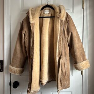 Vintage St. John's Bay Tan Shearling Suede Coat with Cream Lining and Hood